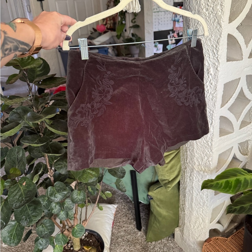 Velvet Black Shorts with Floral Embroidery